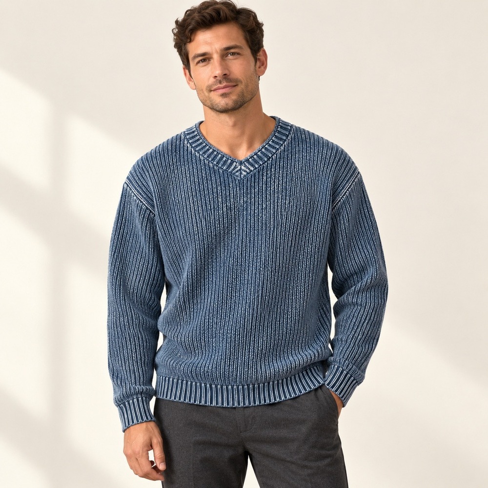 32 Bar Blues Sweater Cotton Ribbed Knit Men L Blue V-Neck Faded Wash Long Sleeve
